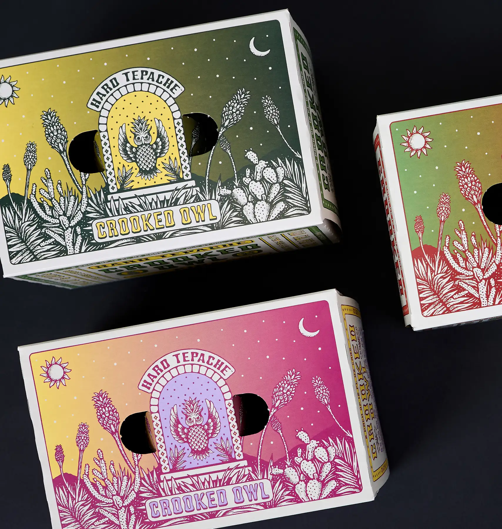Colorful illustrated packaging for Crooked Owl Hard Tepache, featuring a stylized owl surrounded by desert plants in pink, purple, and yellow tones.