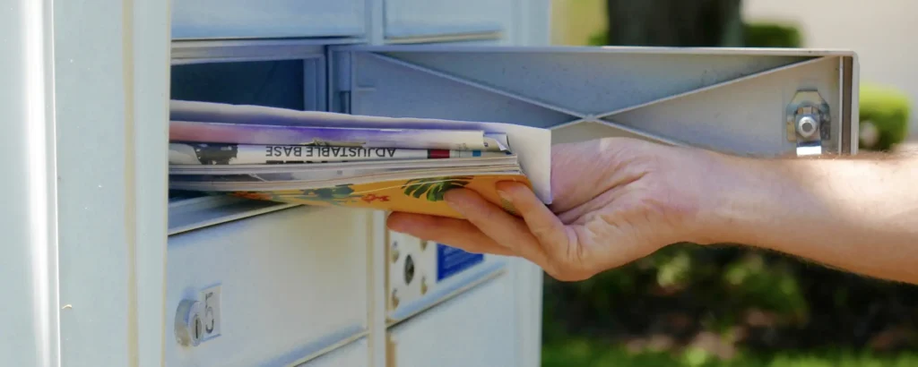 Hand retrieving mail and magazines from a community mailbox.